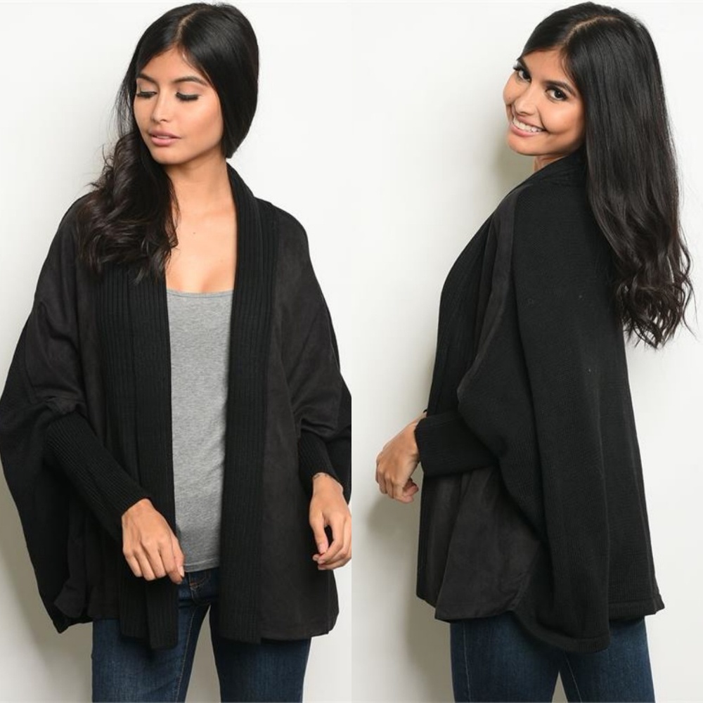 SUEDE & SWEATER MIXED MEDIA OPEN CARDIGAN in black